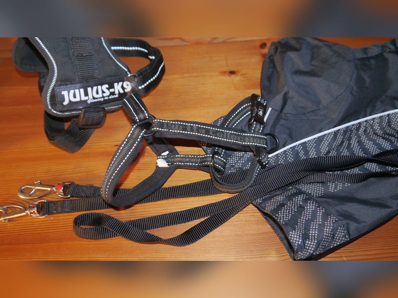 4tlg Hundegeschirr Julius K9 Gr. S Mini + Doppelleine + Regenmantel Hurtta - A