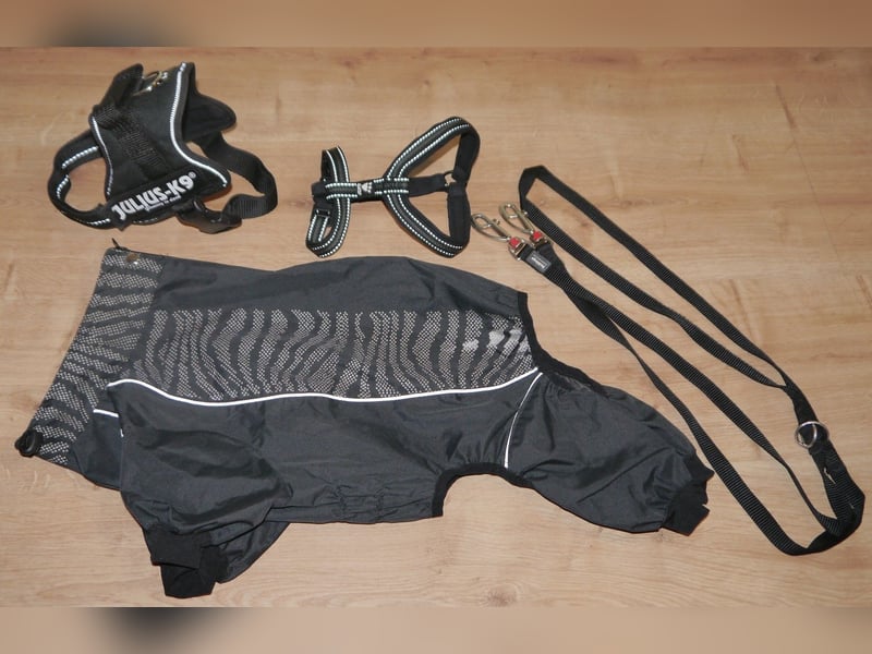 4tlg Hundegeschirr Julius K9 Gr. S Mini + Doppelleine + Regenmantel Hurtta - A