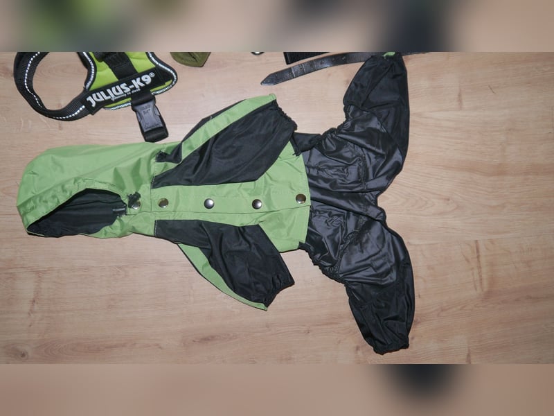 5tlg Hundegeschirr Julius K9 Gr. S Neongrün + Hundeleine + Halsband Leder + Hunderegenmant - C