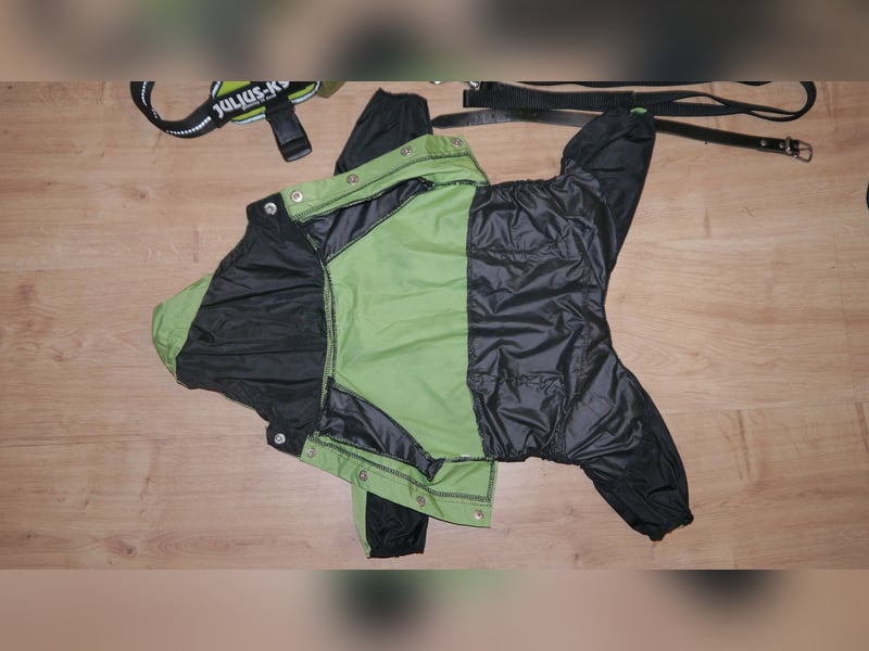 5tlg Hundegeschirr Julius K9 Gr. S Neongrün + Hundeleine + Halsband Leder + Hunderegenmant - C