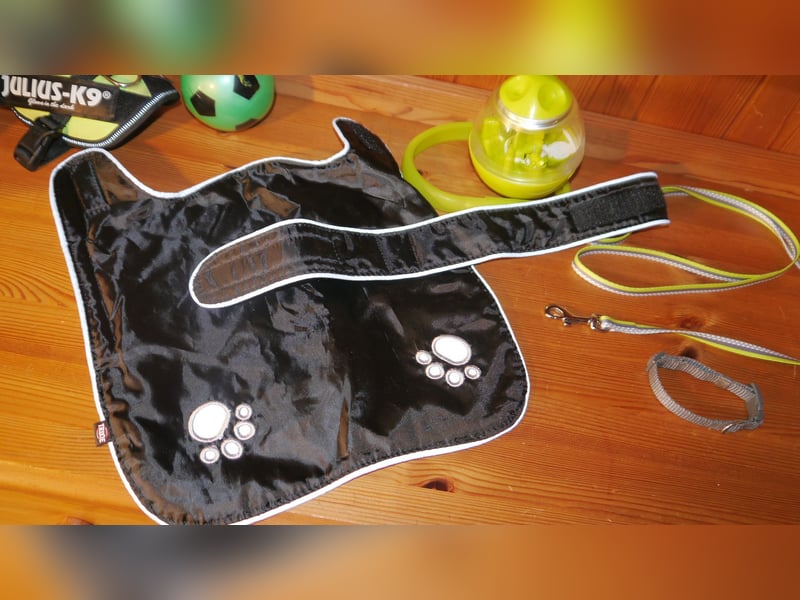 7tlg Julius K9 Geschirr Gr. 2XS Baby2 Neon + Leine +Halsband + Hundemantel + Futterspielzeug – M
