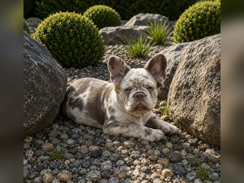 Exklusiver Fluffy-Frenchie Rüde in Merle mit blauen Augen sucht sein Zuhause