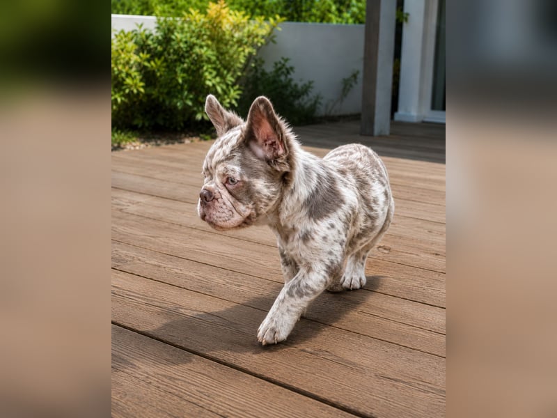 Exklusiver Fluffy-Frenchie Rüde in Merle mit blauen Augen sucht sein Zuhause