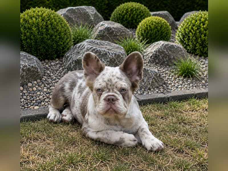 Exklusiver Fluffy-Frenchie Rüde in Merle mit blauen Augen sucht sein Zuhause
